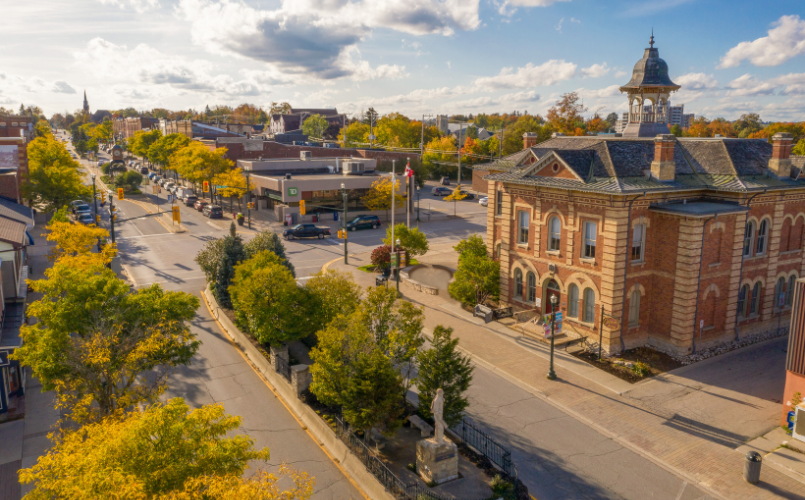 Aerial shot of Broadway in downtown Orangeville